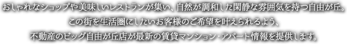 おしゃれなショップや美味しいレストランが集い、自然が調和した閑静な雰囲気を持つ自由が丘。この街を生活圏にしたいお客様のご希望をかなえられるよう、不動産のビッグ自由が丘店が最新の賃貸マンション・アパート情報を提供します。